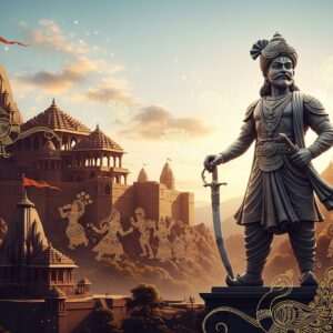 A majestic scene depicting Bappa Rawal, the legendary Indian king, standing with regal poise amidst a backdrop of ancient fortresses and temples. The landscape is enriched with deep maroon and gold hues, with intricate patterns inspired by traditional Madhubani and Phad art seamlessly blending into the modern digital aesthetics. In the foreground, a grand statue of Bappa Rawal adorned in traditional warrior attire, holding a gleaming sword, stands with a commanding presence. Surrounding the scene are ethereal elements like soft glowing lights and stylized peacock motifs, symbolizing nobility and heritage. The sky is a tranquil blend of pastel blues and saffron, casting a serene glow over the landmarks. The art style is hyperrealistic with a hint of surrealism, capturing the essence of his enduring legacy and inviting the viewer into a journey of historical exploration.