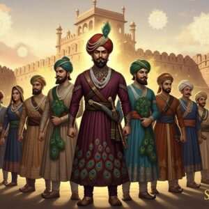 A group of Indian freedom fighters and rulers from Sialkot, dressed in traditional yet regal attire with deep maroon and peacock blue hues. They stand proudly against the backdrop of a historical Sialkot fort, surrounded by an aura of golden light symbolizing their enduring legacy. Intricate patterns and cultural motifs, such as stylized peacock feathers and lotus designs, embellish their clothing. Their expressions convey determination and wisdom. The scene has a serene, ethereal quality with soft, pastel clouds and glowing mandalas in the background, capturing the spirit of heroism and heritage in a modern digital art style. The lighting is warm, highlighting the richness of their garments and the depth of their historical impact.