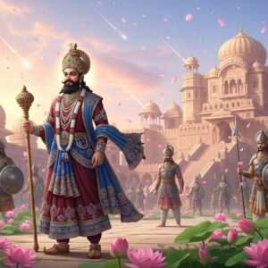 An ethereal scene depicting the legendary Uśīnara Kingdom, showcasing a serene, surreal landscape bathed in soft, glowing pastel hues of pale pink and warm gold. In the foreground, a majestic Indian king adorned in rich maroon and peacock blue attire stands tall, holding a golden scepter. His regal presence is accentuated by intricate patterns reminiscent of Madhubani art, with motifs of lotus flowers and mandalas subtly embedded in his robes. Surrounding him are ethereal representations of ancient warriors in traditional armor, standing amidst stylized, blooming lotus gardens under a twilight sky filled with gently falling petals. The background features an elegantly detailed palace with traditional Indian architectural elements, bathed in a soft, mystical glow. The overall scene conveys a sense of historical grandeur and spiritual tranquility, inviting viewers to delve into the rich history and tales of the Uśīnara Kingdom.