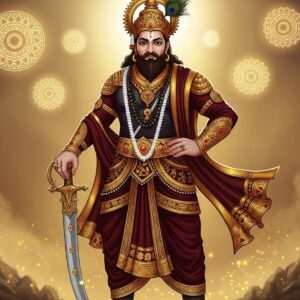 A majestic portrait of Bappa Rawal, the legendary Rajput king, standing tall with an aura of valor and nobility. He is depicted in traditional warrior attire with intricate patterns inspired by Madhubani and Pattachitra art, in rich hues of maroon and gold. His posture is strong and confident, highlighting his impressive height and build. He holds his iconic, intricately designed sword in one hand, with gleaming jewels embedded in the hilt. The background features a surreal landscape with glowing mandalas and a serene golden light, evoking a sense of historical grandeur and spiritual depth. The scene captures the essence of a warrior king from ancient India with a modern digital aesthetic touch.