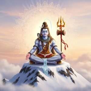 A majestic and serene depiction of Lord Shiva, seated in a meditative pose on the snow-capped peaks of Mount Kailash, surrounded by ethereal clouds. His Trishul stands prominently by his side, radiating an aura of divine energy. The Trishul is intricately designed with golden embellishments and adorned with sacred symbols, each prong glowing softly with a celestial light. Shiva's appearance is regal and calm, with ash smeared on his skin, a crescent moon in his matted hair, and the holy Ganga flowing from his locks. The background features a tranquil, pastel-hued sky with subtle hints of saffron and maroon, and a glowing mandala behind him. The scene blends traditional Indian art elements with a modern digital aesthetic, exuding spirituality and power.