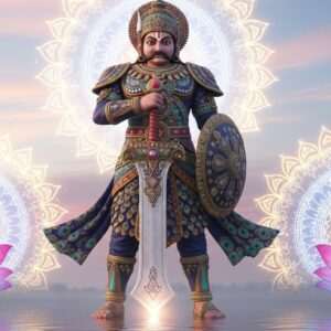 A towering figure of Bappa Rawal, depicted as an imposing Indian warrior with a regal aura, standing amidst a serene and ethereal landscape. His armor is intricately designed with patterns inspired by Madhubani and Pattachitra art, using deep gold and peacock blue hues. Bappa Rawal holds a massive, gleaming sword that reflects the soft glow of a surreal, pastel-colored sky. The background features large, glowing mandalas and lotus motifs, blending traditional Indian aesthetics with modern digital artistry. The scene captures a sense of myth and might, with a calm water surface reflecting his majestic stature, inviting viewers to delve into the legendary tale.