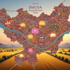 A hyperrealistic digital illustration of a vibrant, futuristic map of Dausa, Rajasthan in 2026. The map is intricately designed, merging traditional Indian art forms with modern aesthetics. It features detailed depictions of tehsils and villages with ornate patterns reminiscent of Madhubani and Pattachitra art, colored in rich hues of saffron, maroon, and peacock blue. Key locations are highlighted with glowing spiritual symbols like mandalas and lotus flowers. The map is framed by a serene landscape of golden fields and distant hills under a soft pastel sky, evoking a sense of exploration and discovery. The scene is illuminated with warm, ethereal light, inviting the viewer to embark on a journey through this culturally rich region.