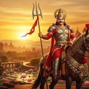 A majestic scene depicting Bappa Rawal, the legendary Indian ruler, clad in regal armor with intricate detailing inspired by traditional Indian motifs. He stands heroically atop a richly adorned horse, overlooking a vast, sprawling empire under a golden sunset sky. The background features grand forts and lush landscapes with stylized lotus ponds and ancient Indian architecture. The scene is imbued with a sense of power and legacy, highlighted by warm, deep colors like maroon and gold, capturing the grandeur of his empire. The art style merges hyperrealism with digital fantasy, emphasizing Bappa Rawal's commanding presence and the ethereal beauty of his domain.