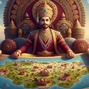 A regal and majestic depiction of Bappa Rawal, the legendary ruler, seated on a grand throne adorned with intricate patterns reminiscent of Phad art, surrounded by a vast map of his empire. His attire is rich with maroon and gold, reflecting the deep colors of traditional Indian art, while his crown gleams with peacock blue accents. The background features ethereal, glowing mandalas and spiritual symbols, adding a sense of serenity and historical gravitas. The scene is set against a backdrop of lush landscapes, representing the extent of his empire, with hints of ancient forts and palaces in the distance. The overall atmosphere is one of power, legacy, and cultural pride, with a modern digital aesthetic that captures the reader's attention through its serene and hyperrealistic style.