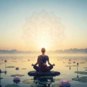 A serene, ethereal scene of an Indian woman practicing yoga on a tranquil, lotus-filled lake at sunrise. She is in a meditative pose, surrounded by a soft glow and pastel hues of soft blue, pale pink, and warm gold. The background features a large, intricate glowing mandala and gentle waves reflecting the soft light. Her attire is a modern fusion of traditional Indian patterns and contemporary design, in rich, deep colors like maroon and peacock blue. The atmosphere exudes peace, mindfulness, and spiritual harmony, capturing the essence of yoga, meditation, and pranayama in a hyperrealistic and surreal art style.