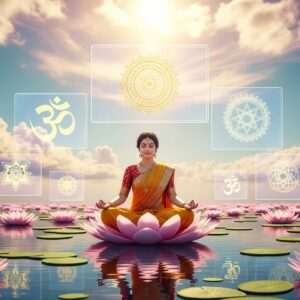 A serene, ethereal digital landscape where a young Indian woman meditates peacefully on a calm lotus pond, her reflection glowing softly in the water. She wears a modern, elegant saffron saree with delicate gold patterns. Surrounding her are floating holographic screens displaying traditional Hindu spiritual symbols like the Om and a golden mandala. Above her, a soft, pastel-hued sky with gentle rays of warm sunlight filtering through fluffy clouds. The scene blends traditional Indian motifs with cutting-edge digital elements, creating a harmonious balance of heritage and innovation, exuding tranquility and modern devotion.