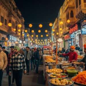 A vibrant, bustling scene of Amritsar's Heritage Street, filled with lively food stalls and the aroma of delicious Indian street food wafting through the air. The image captures the essence of a food lover's paradise, with a diverse crowd of people savoring an array of colorful dishes, from spicy chaats to sweet jalebis. The architecture reflects a blend of traditional Punjabi and modern designs, with intricately carved facades and glowing neon signs. Street vendors in traditional attire serve customers with warm smiles, while lanterns cast a soft, golden glow, enhancing the festive atmosphere. In the background, the iconic Golden Temple shines majestically, adding a spiritual aura to the scene. The colors are rich and deep, with hints of saffron, maroon, and peacock blue, creating a visually appealing and inviting environment that draws readers into the culinary journey of Amritsar's Heritage Street.