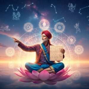A serene Indian astrologer sitting cross-legged on a lotus, surrounded by softly glowing mandalas and celestial constellations, holding a traditional Kundli chart in one hand and pointing towards the stars with the other. The scene is illuminated by a gentle, warm golden glow, with pastel colors like pale pink and soft blue blending into the night sky. The astrologer's attire is a harmonious blend of traditional Indian textiles and modern digital patterns, with rich colors like maroon and peacock blue. The background features ethereal clouds and shimmering stars, creating a tranquil and mystical atmosphere. The art style is hyperrealistic with surreal and ethereal elements, inviting the viewer into a spiritual journey through astrology.