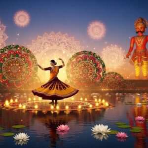 A serene, ethereal scene depicting the vibrant celebration of Navratri and Dussehra. In the foreground, an elegant Indian woman gracefully performs a traditional Garba dance, her vivid lehenga swirling with colors of saffron, maroon, and peacock blue. She is surrounded by intricate digital patterns inspired by Madhubani and Pattachitra art, with glowing mandalas floating gently in the background. The atmosphere is illuminated with soft, warm golden lights, enhancing the spiritual ambiance. In the distance, a towering effigy of Ravana stands, ready for Dussehra, symbolizing the triumph of good over evil. Lotus flowers and calm water surfaces add to the tranquil setting, creating a harmonious blend of tradition and modernity.