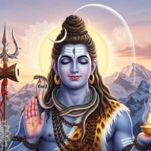 A hyperrealistic, serene depiction of Lord Shiva meditating on a snow-covered peak of Mount Kailash during Mahashivratri. He is portrayed with a tranquil expression, his third eye slightly glowing, and his matted hair tied up with a crescent moon and the Ganges flowing from it. Shiva's blue skin contrasts against the soft pastel hues of the dawn sky, with shades of pale pink and warm gold illuminating the scene. In his four hands, he holds a trident, a damaru, a snake coiled around his neck, and an open palm bestowing blessings. Surrounding him are ethereal elements like glowing mandalas and lotus flowers gently floating on a calm, reflective water surface at the mountain's base. The atmosphere is spiritual and surreal, capturing the essence of tranquility and divine presence. The art style merges traditional Indian aesthetics with modern digital innovation, utilizing intricate patterns and cultural motifs to engage the viewer instantly.