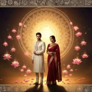 In a serene and ethereal setting, an intricately detailed mandala glows softly in the background, symbolizing the essence of Dharma. In the foreground, an Indian man and woman in traditional attire (the man in a cream-colored kurta with gold embroidery, the woman in a maroon saree with peacock blue and gold accents) stand gracefully. They are surrounded by floating lotus flowers and softly illuminated by warm, golden light. The scene is framed with delicate patterns reminiscent of Madhubani and Pattachitra art, with hints of modern digital aesthetics. The atmosphere is tranquil and contemplative, inviting viewers to delve into the deeper understanding of Dharma and its Indian roots.
