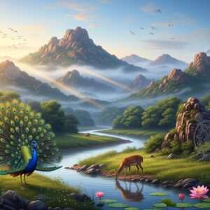 A breathtaking scene capturing the majestic Aravalli mountains bathed in the soft glow of dawn, with peaks enveloped in mist and a gentle river meandering through the lush green valleys. The foreground features a rich tapestry of Indian wildlife, including a graceful peacock with its feathers fanned out, and a serene deer grazing near the riverbank. The sky is painted with pastel hues of soft blue and pale pink, while subtle golden rays illuminate the landscape. Traditional Indian motifs like lotus flowers and intricate mandalas are subtly integrated into the natural scenery, adding a touch of cultural heritage. The overall atmosphere is one of tranquility and awe, inviting viewers to explore the sacred beauty of this ancient land. The art style is hyperrealistic with ethereal elements, blending tradition with modern digital aesthetics.