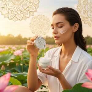 A serene, ethereal scene of an Indian woman with glowing, flawless skin, sitting by a tranquil, lotus-filled pond. She is surrounded by soft pastel colors—pale pink, warm gold, and soft blue—reflecting the harmonious blend of nature and skincare. Her expression is peaceful and content, as she gently applies a luminous moisturizer from an elegant, modern container that subtly incorporates traditional Indian motifs. The setting includes subtle glowing mandalas in the background, enhancing the surreal and spiritual atmosphere. The lighting is gentle and radiant, highlighting the woman's natural beauty and the purity of the scene, creating an inviting allure for the viewer.