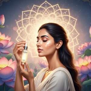 A serene and ethereal scene featuring an Indian woman with glowing, radiant skin, gently applying a luminous serum from a delicate glass bottle. Her face is illuminated by a soft, warm golden light, highlighting her serene expression. She stands against a backdrop of stylized, abstract lotus flowers and a large, glowing mandala in pastel shades of pink and blue. The atmosphere is tranquil and dreamlike, with hints of modern digital aesthetics through subtle, intricate patterns surrounding the scene. The overall tone emphasizes beauty, harmony, and mindfulness. The art style is hyperrealistic with a touch of fantasy, combining traditional Indian motifs with contemporary digital illustration techniques.