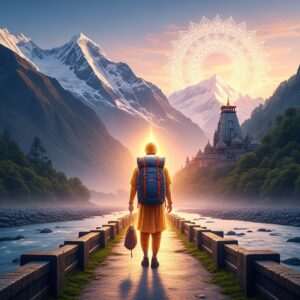 A serene, hyperrealistic depiction of a pilgrim on a spiritual journey, standing on a sacred path leading to the majestic Badrinath Temple in the distance. The scene captures the tranquil beauty of the Himalayas, with snow-capped peaks and lush greenery. A glowing mandala hovers softly in the sky, casting a divine light over the landscape. The pilgrim, dressed in traditional Indian attire, appears peaceful and contemplative, with a warm golden glow surrounding them. In the foreground, a sacred river flows gently, reflecting the pastel hues of dawn. The overall ambiance is ethereal and spiritual, inviting viewers to embark on their own journey of discovery and devotion.