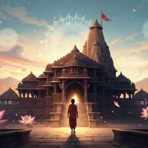 A serene, ethereal depiction of a pilgrim's journey through the sacred temples of Jalore. The scene showcases an Indian pilgrim dressed in traditional attire, standing at the entrance of an ancient temple. The temple features intricate carvings and is adorned with maroon and gold motifs, illuminated by the soft glow of warm golden light. In the background, a vast landscape of rolling hills and spiritual symbols like glowing mandalas and lotus flowers create an atmosphere of tranquility and reverence. The sky is painted in soft pastel hues of blue and pink, with gentle, floating petals adding to the dreamlike quality. The overall composition captures the essence of spiritual exploration and cultural heritage with a modern digital aesthetic.