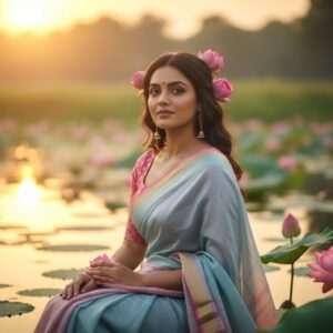 A serene Indian woman with flawless, glowing skin, gracefully sitting by a tranquil lotus-filled pond. Her expression is serene and content, exuding confidence and tranquility. She is dressed in a contemporary, flowing saree in pastel colors like soft blue and pale pink, with subtle gold accents. Her hair cascades softly around her shoulders, adorned with small lotus flowers. The background features an ethereal landscape with soft glowing lights, a golden sunrise, and delicate water ripples reflecting the warm glow. The art style is hyperrealistic and surreal, blending traditional Indian aesthetics with modern digital artistry to create an image of peace, beauty, and elegance.