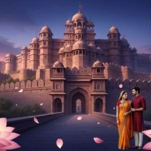 A majestic, hyperrealistic digital painting of the Chittorgarh Fort under a serene, twilight sky, with deep hues of peacock blue and maroon. The fort is intricately detailed, showcasing its grand architecture with towering walls and historic gates. In the foreground, a beautifully adorned Indian couple in traditional attire, the woman in a vibrant saffron saree and the man in a maroon kurta, gazing at the fort with awe. They are surrounded by soft, glowing lights and ethereal lotus flowers, with a gentle breeze causing petals to dance around them. The scene captures a harmonious blend of history and modern aesthetics, inviting readers to explore the cultural richness of the fort.