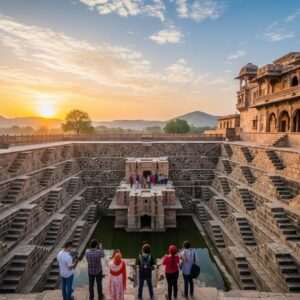 A serene, ethereal landscape of Dausa, Rajasthan, with a focus on the iconic Abhaneri Stepwell. The scene captures the tranquil beauty of the intricate stepwell with its geometric patterns, bathed in soft golden sunlight reflecting off the water. In the background, rolling desert landscapes under a pastel-hued sky at sunrise, with a subtle hint of warm saffron and peacock blue tones. A group of Indian travelers in modern attire, blending tradition with contemporary style, exploring and taking photographs. The scene exudes a sense of discovery, serenity, and cultural richness, with delicate lotus motifs subtly integrated into the design. The overall tone is inviting and mystical, drawing readers into the allure of planning a trip to this historical gem.