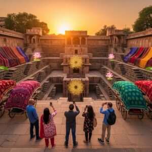 A serene and enchanting depiction of Dausa, Rajasthan, in 2026. The scene showcases the iconic Abhaneri Stepwell with its intricate geometric patterns, basking in the soft, warm glow of a setting sun. Surrounding the stepwell are vibrant maroon and peacock blue textiles draped over traditional Indian carts, adorned with rich gold and saffron motifs. In the foreground, a group of Indian travelers in modern yet traditional attire, capturing moments on their smartphones. The atmosphere is calm and inviting, with delicate lotus flowers and glowing mandalas subtly integrated into the architecture. The ethereal quality of the image invites the viewer to explore the beauty and culture of Dausa, blending heritage with modernity.
