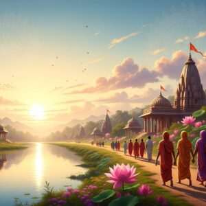 A serene and captivating scene of the sacred town of Yawal, bathed in the soft, ethereal glow of a rising sun. The foreground features a tranquil river with calm water surfaces reflecting the pastel hues of dawn. In the distance, traditional Indian temples with intricate carvings are nestled amidst lush greenery and vibrant, stylized lotus flowers. A group of Indian pilgrims, dressed in colorful, flowing traditional attire, walk along a path leading to the temples, their silhouettes illuminated by warm golden light. The sky is adorned with subtle mandalas and soft, pastel-colored clouds, enhancing the spiritual ambiance. The overall composition is serene and surreal, blending traditional Indian art forms with modern digital aesthetics to evoke a sense of peace and mindfulness.