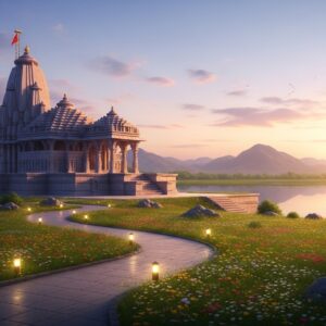 A serene landscape of Jalore with a mystical, ethereal ambiance. In the foreground, an ancient temple with intricately carved stone, surrounded by lush greenery and vibrant wildflowers. Soft, glowing lights illuminate the temple and the path leading to it, creating a spiritual atmosphere. In the background, rolling hills bathed in a warm, golden sunset. The sky is filled with pastel hues of pink and blue, with gently swirling clouds. A calm water surface reflects the beauty of the scene, enhancing the tranquility. The art style is a blend of traditional Indian and modern digital aesthetics, capturing the essence of a spiritual retreat.