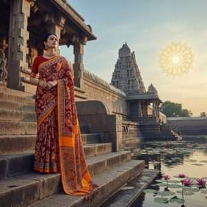 An Indian woman dressed in a modern fusion of traditional and contemporary attire, standing on the steps of a serene, ancient temple. Her saree blends rich maroon and saffron colors with intricate patterns reminiscent of Madhubani art. She gazes thoughtfully at a golden, glowing mandala in the sky. The scene is bathed in soft, ethereal light with lotus flowers gently floating on a calm water surface nearby. The temple architecture merges classic Indian elements with modern design. The atmosphere is tranquil and inviting, emphasizing spirituality and the journey of self-discovery. The art style is hyperrealistic with a surreal touch, focusing on the harmony between tradition and modernity.