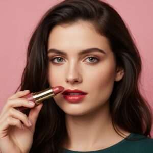 A close-up of an Indian woman's face, showcasing perfectly applied, vibrant Pilgrim lipsticks in shades of deep maroon, rich saffron, and peacock blue. Her lips are the focal point, appearing luscious and inviting. She has a serene expression, framed by soft, flowing hair with golden highlights. In the background, intricate mandala patterns glow softly, with a palette of pastel blues and pinks creating a surreal, ethereal atmosphere. The lighting is warm and flattering, casting a gentle glow on her skin. The image embodies a blend of modern beauty aesthetics with traditional Indian artistry, making it captivating and elegant.