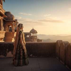 A stunning portrayal of Rani Padmini standing gracefully on the ramparts of Chittorgarh Fort, overlooking a vast, sunlit landscape. She is dressed in an exquisite, traditional Rajput attire with intricate gold embroidery, her posture regal and confident. Her face is serene yet determined, embodying her legendary spirit. The fort's majestic architecture is captured with ornate details, bathed in warm golden light that highlights its historical grandeur. In the background, the sky is painted with soft hues of pastel pink and blue, with delicate clouds creating a dreamlike atmosphere. The scene evokes a sense of history and bravery, blending the essence of ancient India with a modern digital art aesthetic. The composition should be hyperrealistic, with a touch of ethereal beauty, inviting viewers to delve into the legendary tale of Rani Padmini.