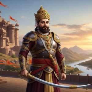 A regal, gallant depiction of Bappa Rawal, the legendary Indian king and founder of the Mewar dynasty, standing proudly against a backdrop of an ancient, majestic fort with intricate carvings. His attire is resplendent with traditional Rajput armor, adorned in rich maroon and gold hues, and a magnificent crown embellished with precious jewels. He holds a gleaming sword in his right hand, its blade reflecting the soft, ethereal glow of the setting sun. The scene is set amidst a landscape of arid hills and serene lakes, with a gentle breeze rustling the banners emblazoned with traditional Rajput motifs. The atmosphere is both tranquil and heroic, capturing the essence of valor and legacy. The art style is hyperrealistic with a blend of modern digital aesthetics, evoking a sense of reverence and inspiration.