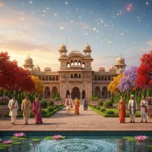 A grand, ethereal depiction of a majestic Kolhapur palace, with intricate architectural details like ornate arches, delicate carvings, and lush gardens. The scene captures the essence of royal heritage with a modern digital touch, featuring rich colors like maroon and gold. In the foreground, stylized lotus flowers and glowing mandalas create a serene atmosphere. The sky is a surreal blend of pastel hues with soft glowing lights, casting a divine aura over the palace. Indian figures in traditional attire, exuding elegance, walk gracefully through the gardens. The overall composition is hyperrealistic, blending traditional Indian art motifs with a contemporary aesthetic to evoke a sense of timeless grandeur and allure.