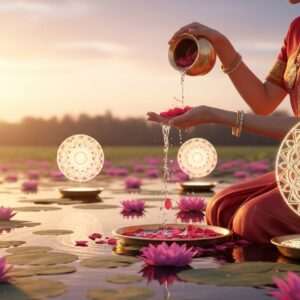 A serene Indian woman with radiant, smooth skin stands beside a tranquil lotus-filled pond at dawn. She gently pours water infused with rose petals and saffron from a traditional brass vessel over her hands, symbolizing sacred hydration. Soft, ethereal light glows around her, casting a warm, golden hue that reflects on her skin. The backdrop features intricate patterns of glowing mandalas and gentle ripples in the water, emphasizing tranquility and renewal. The scene is hyperrealistic with a surreal touch, blending traditional and modern aesthetics, highlighting the connection between ancient rituals and contemporary skincare.