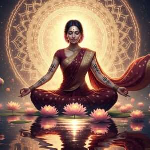A hyperrealistic depiction of a serene, ethereal Indian woman with intricate Trishula tattoos on her arms, sitting in a meditative pose by a calm, glowing water surface. She is draped in a flowing maroon saree with golden patterns, surrounded by soft, pastel-colored lotus flowers gently floating around her. The backdrop features a large, luminous mandala with subtle hints of gold and saffron hues, casting a tranquil, spiritual glow over the scene. Her expression is peaceful and introspective, embodying the harmony and spiritual depth associated with the Trishula. The overall aesthetic merges traditional Indian art with modern digital elements, creating an inviting, sacred atmosphere that draws the viewer into the deeper meaning of sacred ink.
