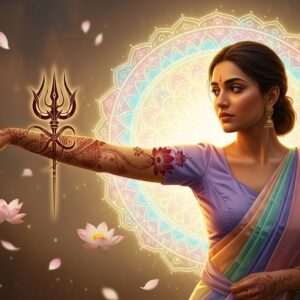 A serene and ethereal scene depicting an Indian woman in a traditional saree with a modern twist, her arm elegantly outstretched, showcasing an intricately detailed Trishula tattoo design that blends traditional Hindu symbolism with contemporary aesthetics. Her skin is adorned with delicate Mehandi patterns in shades of gold and maroon, featuring lotus flowers and subtle mandalas. The background features a softly glowing mandala in pastel hues, creating a calming aura. The woman is surrounded by gentle, surreal elements like floating lotus petals and soft, warm light, conveying spirituality and modern devotion. The art style is hyperrealistic with a surreal touch, capturing the essence of both tradition and innovation.