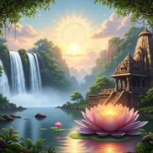 A serene, ethereal landscape of Chhuikhadan featuring a majestic waterfall cascading into a tranquil pool surrounded by lush greenery. The scene is infused with spiritual energy, with a golden, glowing mandala subtly embedded in the sky. In the foreground, a beautifully intricate lotus flower floats on the calm water surface, its petals softly illuminated by warm, glowing light. Nearby, an ancient temple peeks through the dense foliage, adorned with traditional Indian architectural elements. The atmosphere is peaceful and inviting, with pastel hues of soft blue and warm gold creating a dreamlike, harmonious tone. The art style is hyperrealistic with digital enhancements, combining traditional Indian motifs with a modern aesthetic. The overall composition evokes a sense of tranquility and spiritual connection with nature.