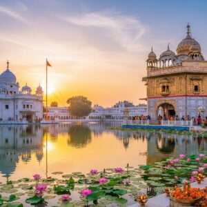 A serene, ethereal depiction of a sacred landscape in Batala, India. In the foreground, a majestic Gurudwara with its distinctive domes and flags, reflecting in a calm water surface that captures the golden glow of the setting sun. On the opposite side, a beautifully adorned Mandir with intricate carvings and vibrant colors, surrounded by blooming lotus flowers. Soft pastel hues fill the sky, with gentle rays of sunlight filtering through clouds, creating a halo effect around the sacred structures. Indian devotees in traditional attire walk peacefully towards these sites, carrying offerings. The scene is tranquil and spiritual, blending traditional Indian architectural beauty with modern digital aesthetics, highlighting Batala's rich heritage.