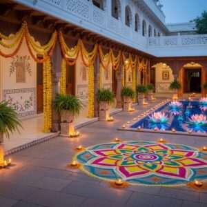 A serene, ethereal Indian courtyard bathed in the soft glow of twilight, featuring a harmonious blend of traditional Vastu elements and eco-friendly festival decorations. The courtyard is adorned with intricately designed earthen lamps, vibrant marigold garlands, and a central, glowing mandala made of colorful, biodegradable powders. In the background, a tranquil water feature reflects the gentle lights, while large, stylized lotus flowers float on its surface. The scene is filled with lush greenery and delicate floral patterns that merge traditional Indian aesthetics with modern digital artistry. The color palette is a soothing blend of peacock blue, saffron, and warm gold, creating a peaceful, inviting atmosphere that symbolizes balance and sustainability.