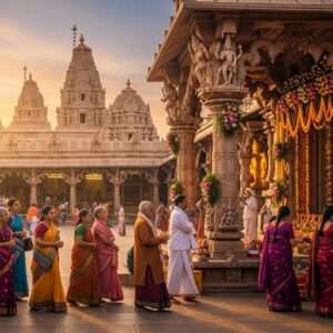 In the foreground, a serene scene of a beautifully designed Indian temple courtyard in Kolhapur, illuminated by soft, warm golden light. Pilgrims dressed in traditional Indian attire, with a blend of modern touches, move gracefully through the scene, reflecting a sense of devotion and calm. The temple features intricate carvings and arches, adorned with colorful flowers and subtle spiritual motifs like lotus and peacock feathers. In the background, the temple's majestic spires reach towards a clear blue sky tinged with pastel hues of dawn. The atmosphere exudes tranquility and reverence, inviting readers to explore the sacred journey and accommodations further. The art style should be hyperrealistic, with a touch of digital modernity, balancing cultural heritage with contemporary aesthetics.