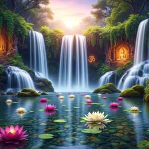 A serene, ethereal scene of Sasaram's waterfalls cascading gracefully into crystal-clear kunds, surrounded by lush greenery and vibrant, blooming lotus flowers. The foreground features a calm water surface reflecting the pastel hues of the sky at dawn, with soft, glowing lights accentuating the tranquil atmosphere. Indian spiritual motifs subtly blend into the landscape, adding a layer of cultural depth. The art style is hyperrealistic with a surreal touch, capturing the essence of escape and rejuvenation in nature's sanctuary. The overall tone conveys peace, harmony, and a sense of wonder.
