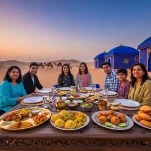 A serene Rajasthani desert landscape at dusk, bathed in soft golden and pink hues, with a beautifully set outdoor dining scene. A traditional low wooden table adorned with an array of vibrant vegetarian Rajasthani dishes like dal baati churma, gatte ki sabzi, and kachoris. The dishes are intricately plated, showcasing rich colors and textures. Around the table, a group of joyful Indian family members in modern yet traditional attire engage in conversation, their expressions serene and content. In the background, ornate peacock blue tents with golden motifs and gently swaying camel silhouettes under a starry sky add to the ethereal atmosphere. The scene conveys warmth, community, and the sattvic essence of the cuisine, with a focus on harmony and mindfulness.