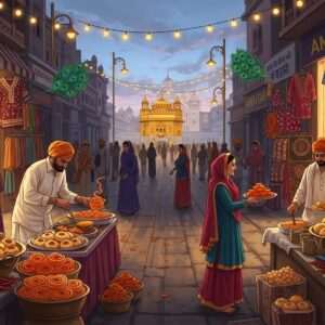 A vibrant street scene in Amritsar, bustling with life and color. Indian vendors in traditional attire, offering a variety of street foods like spicy chole bhature and sweet jalebis, served in traditional brass utensils. The air is filled with the aroma of rich spices. Shops adorned with colorful textiles and intricate Phulkari embroidery are lined along the street. The scene is lively and immersive, with people joyfully interacting and savoring their treats. The background features the iconic Golden Temple, softly glowing under the twilight sky. Rich colors like maroon, gold, and peacock blue dominate the scene, while warm lights cast a serene glow. The art style is a blend of traditional Indian motifs with a modern digital aesthetic, creating a surreal yet familiar atmosphere.
