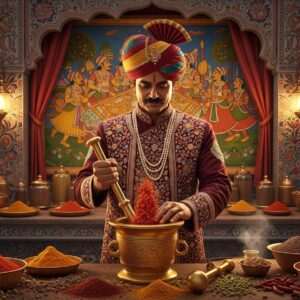 A lavish, traditional Rajasthani kitchen scene filled with rich, deep colors like maroon, saffron, and peacock blue. The focal point is a regal Indian chef wearing a vibrant turban and embroidered attire, skillfully grinding spices in an ornate, golden mortar and pestle. Intricate Madhubani patterns adorn the walls, and shelves overflow with colorful spice jars. A large, beautifully detailed Phad-style painting of a royal banquet hangs in the background. Soft, glowing lights illuminate the scene, casting a warm and inviting atmosphere. The art style is hyperrealistic with a touch of modern digital aesthetics, blending heritage with innovation.