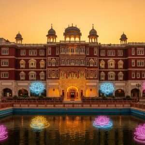 A serene, ethereal scene of a beautifully restored heritage hotel in Amritsar, featuring intricate traditional Indian architectural details. The hotel is adorned with rich colors of maroon and peacock blue, highlighted by soft, glowing lights. Surrounding the hotel are vibrant mandalas and lotus flowers, creating an aura of tranquility and spiritual peace. The scene is set at dusk, with a warm, golden sky casting a gentle glow over the hotel. In the foreground, a calm water surface reflects the serene surroundings, enhancing the surreal and inviting atmosphere. Art style should be hyperrealistic with a touch of modern digital aesthetics, emphasizing serenity and cultural richness.