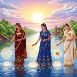 An intricately detailed, surreal landscape depicting a flowing river that symbolizes the confluence of cultures. The river is surrounded by lush greenery and ancient Indian architecture, with ornate temples and arches. Alongside the river, three ethereal female figures stand gracefully, representing Bengali, Hindi, and Sanskrit scripts. Each figure is adorned in traditional attire of their region, with vibrant colors like maroon, saffron, and peacock blue. Their hands gently touch the surface of the water, creating ripples that form glowing mandalas and lotus patterns. Above them, soft pastel clouds part to reveal a radiant golden sun, casting a warm glow over the scene. The overall composition is harmonious, celebrating unity and shared heritage, with an emphasis on tranquility and spiritual connection.