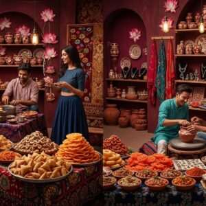 A vibrant, bustling Indian heritage street scene set in 2026, alive with rich, traditional culture and modern flair. The foreground features a variety of delectable Indian street foods like samosas and jalebis, artistically arranged on rustic stalls adorned with colorful fabrics and intricate patterns. In the background, an array of traditional crafts such as hand-painted pottery, textiles, and jewelry are displayed, inviting exploration. Indian artisans, dressed in a blend of traditional attire and contemporary fashion, passionately engage with shoppers. The atmosphere is lively yet serene, captured with ethereal lighting that highlights the deep maroons, golds, and peacock blues of the scene. Decorative lotus flowers and mandalas subtly adorn the walls and stalls, enhancing the cultural richness. The entire scene is framed by soft, glowing lights and pastel hues, evoking a sense of wonder and inviting readers into this enchanting world. Art style should be hyperrealistic with a touch of fantasy.