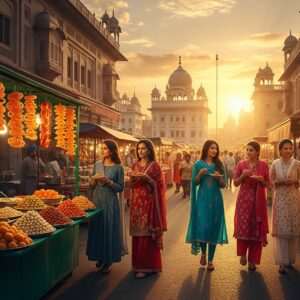 A vibrant, bustling scene of Amritsar's Heritage Street, filled with the rich aromas and vivid colors of local street food vendors displaying a variety of traditional Indian dishes. The backdrop features iconic architecture with intricate designs, reminiscent of Sikh heritage, bathed in a warm golden glow of sunset. People of diverse ages are seen savoring food, chatting joyously, and shopping. A group of Indian women and men in elegant, modern traditional attire walk down the street, capturing the spirit of the place. The atmosphere is lively yet serene, with a subtle spiritual undertone as golden light reflects off nearby temple domes. The art style is hyperrealistic with a touch of fantasy, highlighting the vibrant energy and cultural richness of Amritsar.