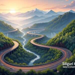 A hyperrealistic digital artwork depicting the Siliguri Corridor, India's strategic gateway. The scene shows a beautifully rendered, ethereal landscape featuring the lush, dense greenery of the corridor with a serpentine road winding through it, symbolizing connectivity and passage. In the background, majestic Himalayan mountains rise, partially shrouded in mist, with soft pastel hues of sunrise painting the sky. Subtle cultural motifs like intricately patterned Indian border designs are interwoven into the scene, hinting at the region's rich heritage. The atmosphere is serene and tranquil, with a warm, inviting glow that highlights the strategic importance and beauty of this vital gateway.