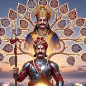 A majestic digital artwork depicting the grandeur of the Sisodia dynasty lineage. At the center, a regal and commanding figure of Maharana Pratap, in intricately detailed traditional Rajput armor, holding a spear. Behind him, the ethereal presence of Bappa Rawal, adorned in royal attire, overseeing the legacy. The background features a beautifully crafted family tree in the form of a glowing, golden mandala, with branches symbolizing the lineage, embellished with intricate patterns and motifs inspired by Madhubani and Pattachitra art. Rich hues of maroon, saffron, and peacock blue dominate the palette. The scene is set against a serene backdrop of a twilight sky, with soft pastel clouds and a subtle hint of glowing lotus flowers below. The art style is hyperrealistic yet surreal, blending traditional Indian art with modern digital aesthetics, invoking a sense of heritage and nobility.