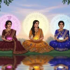 A serene and ethereal scene featuring three graceful Indian women, each representing the essence of Bengali, Hindi, and Sanskrit languages. They are seated in a tranquil garden setting, surrounded by a glowing mandala that symbolizes unity and heritage. Each woman is dressed in traditional attire with intricate patterns in rich colors like maroon, saffron, and peacock blue. They hold delicate, stylized lotus flowers that glow softly, symbolizing the purity and beauty of their scripts. The background features gentle pastel hues and a calm water surface, reflecting the harmonious connection between these languages. The overall ambiance is spiritual and calming, inviting the viewer to delve into the depth and history of these sister scripts.